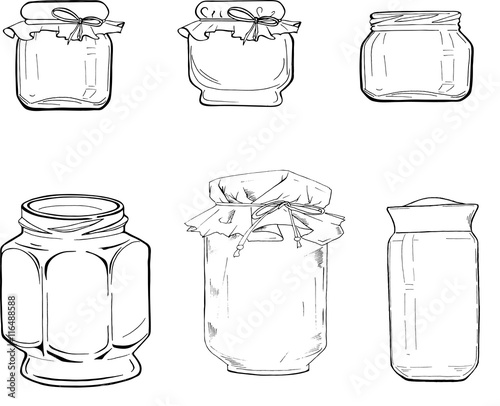 Set of graphic jars isolated on white background. Cartoon sketch drawn by ink. Hand drawn vector illustration.