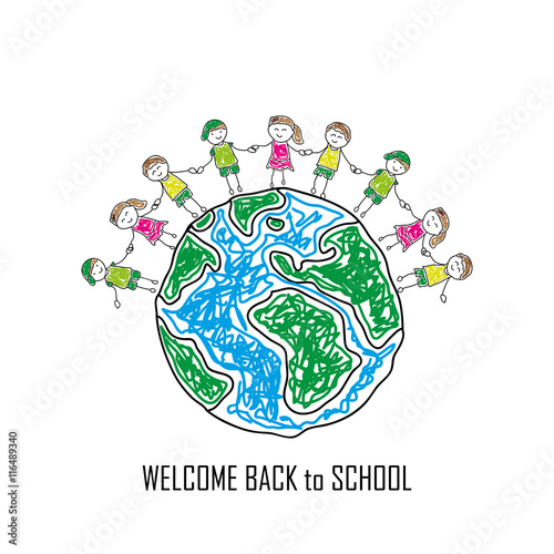 Children around the earth on a white background