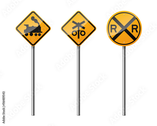 Set of 3 road signs, isolated on white background. Railway. EPS10 vector illustration.