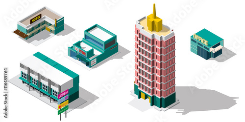 Set of 3d detailed isometric city buildings