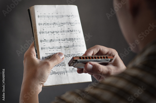 Musician takes lessons harmonica