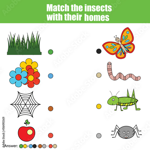 Matching children education game, kids activity. Match insects with home. Animals theme