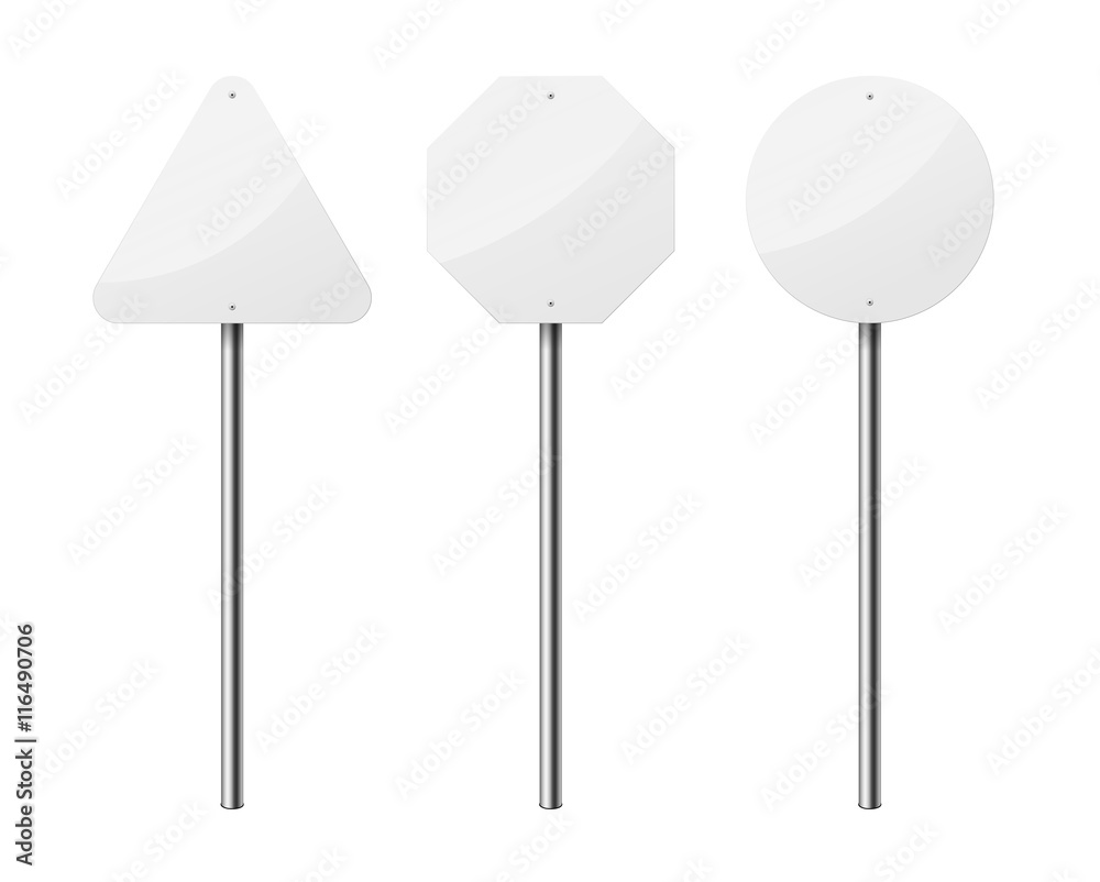 Set of 3 blank road signs, isolated on white background. EPS10 vector illustration. Set of 3 blank road signs, isolated on white background. EPS10 vector illustration.