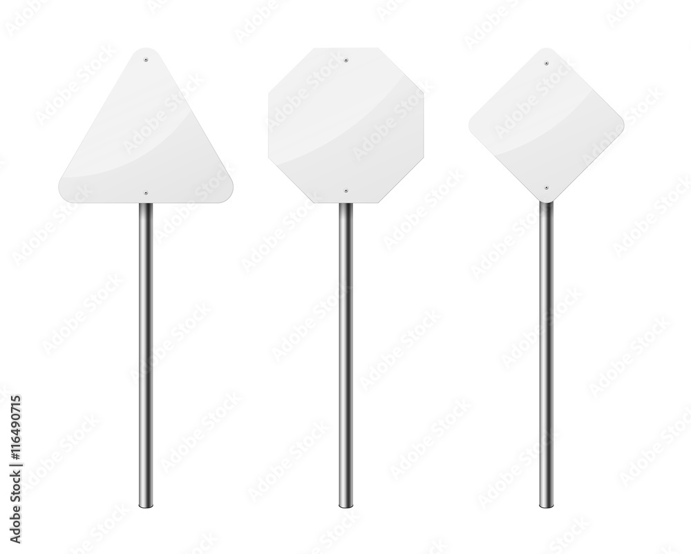 Set of 3 blank road signs, isolated on white background. EPS10 vector illustration. Set of 3 blank road signs, isolated on white background. EPS10 vector illustration.