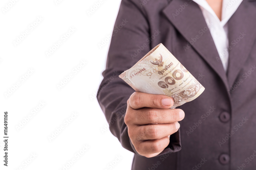 Close up Thai businesswoman holding money isolated on white Close up Thai businesswoman holding money isolated on white