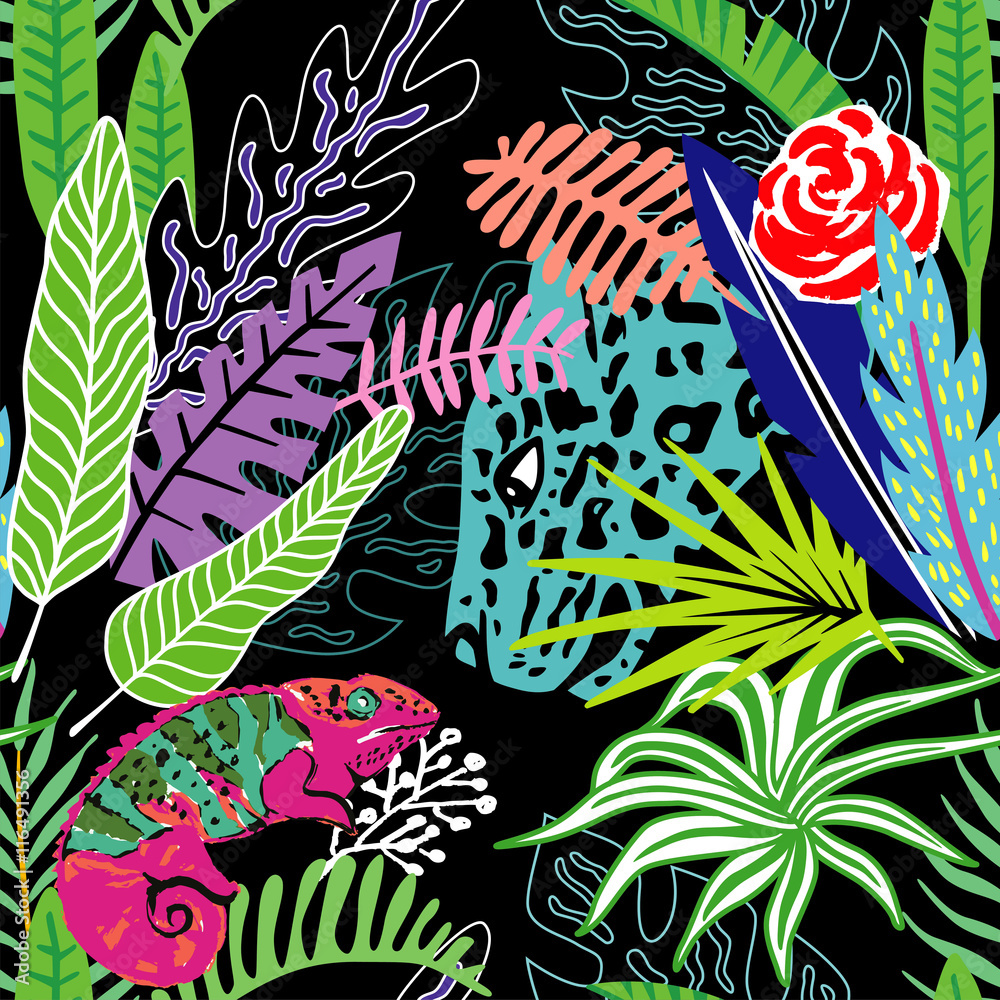 Exotic animals leopard and chameleon in the exclusive tropic jungle hand drawn cartoon style. Print summer floral plant. Nature trendy wallpaper. Seamless vector pattern