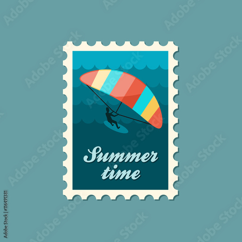 Kite boarding. Kitesurfing stamp. Vacation