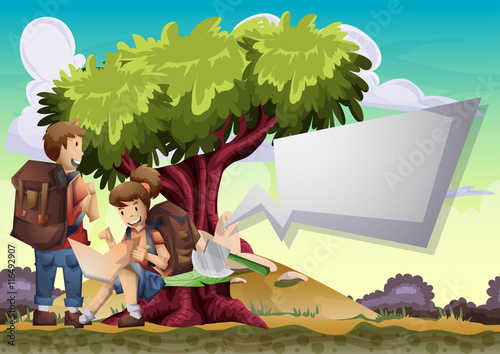 Cartoon vector landscape on the theme of adventures and outdoor recreation with separated layers