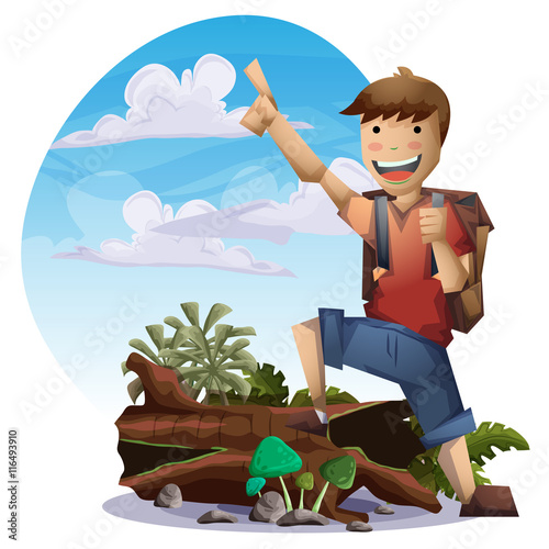 Cartoon vector landscape on the theme of adventures and outdoor recreation with separated layers