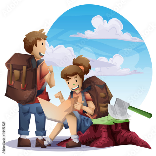 Cartoon vector landscape on the theme of adventures and outdoor recreation with separated layers