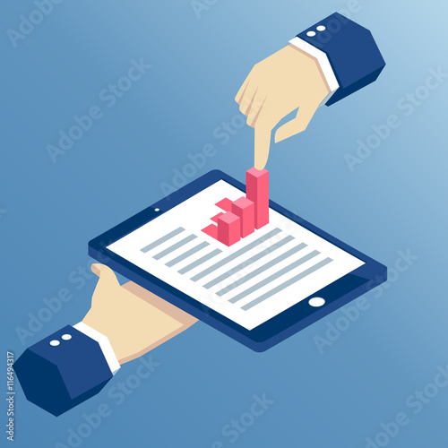 Isometric hands holding a tablet and touching a bar graph, businessman using tablet for business task.