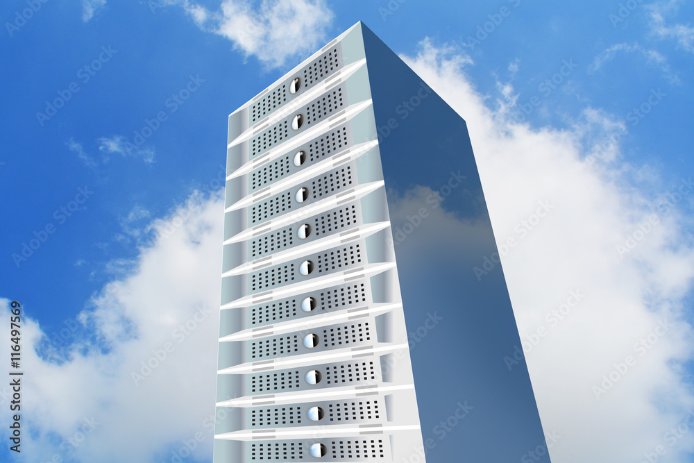 Server Tower against bright blue sky with clouds Server Tower against bright blue sky with clouds