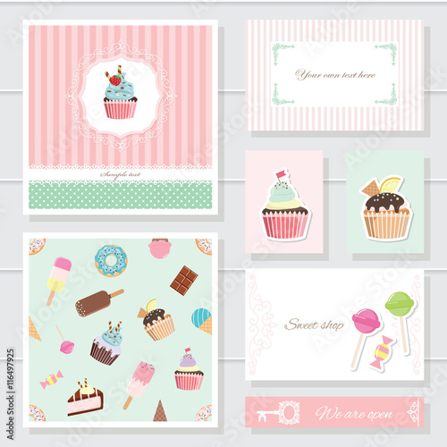 Cute card templates set. For sweet shop, bakery, scrapbook, birthday design.