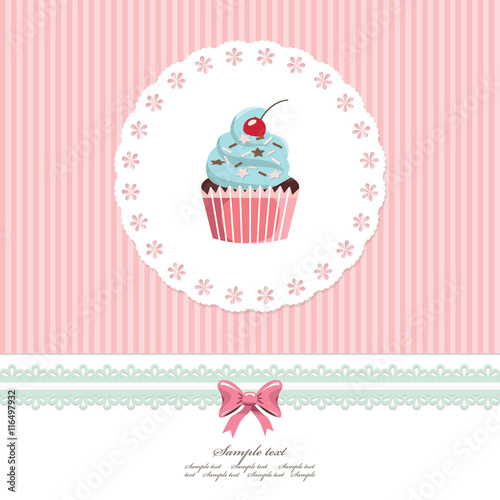 Vintage greeting card template with cupcake. For birthday  scrapbook  bakery design.
