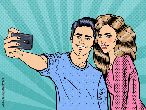 Young Loving Couple Making Selfie on Smartphone. Pop Art. Vector illustration