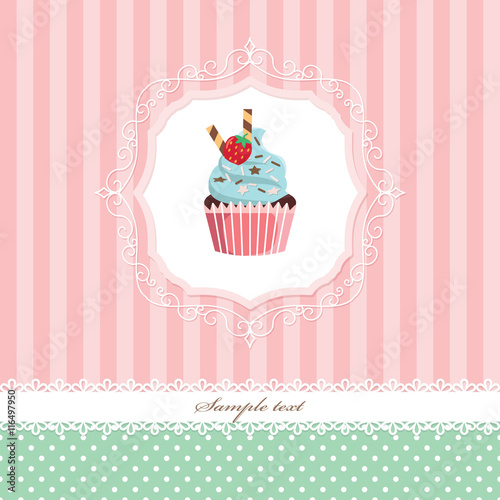 Vintage greeting card template with cupcake. For birthday  scrapbook  bakery design.