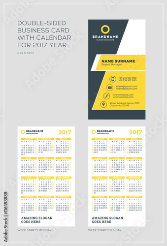 Double-sided vertical business card template with calendar for 2017 year.  Week starts Monday. Week starts Sunday. Portrait orientation. Vector  Illustration Stock Vector | Adobe Stock