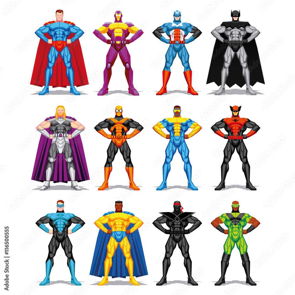 Set Of Different Superheroes Isolated On White Background Stock Vector |  Adobe Stock