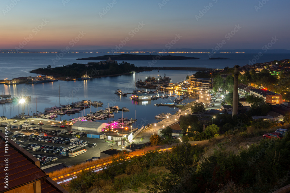 Night Panoramic view of the port of Sozopol, Burgas Region, Bulgaria 
