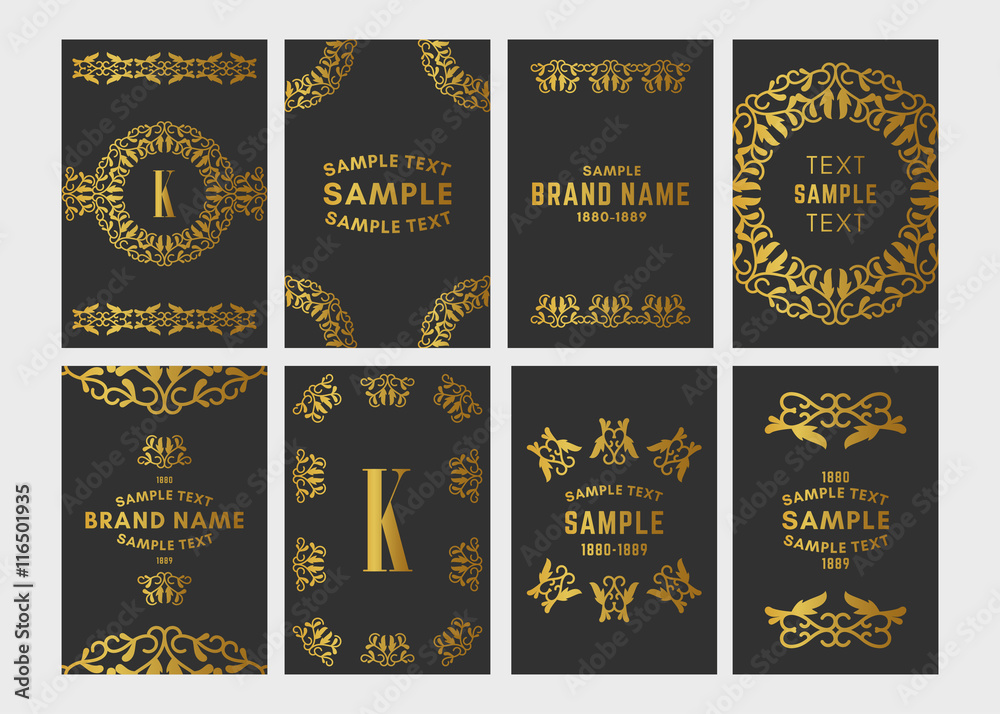 Naklejka premium Set of Art Deco Logo Frame and Monogram, Golden on Black Background Vector Illustration.