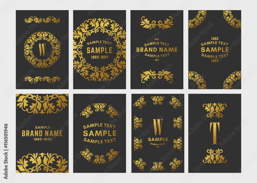 Set of Floral Logo Frame and Monogram, Golden on Black Background Vector Illustration.