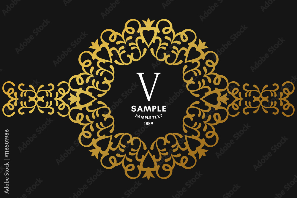 Round Luxurious Logo Frame, Golden on Black Background Vector Illustration.