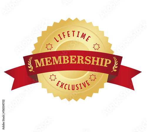 Membership seal with red curved banner. Exclusive and lifetime a