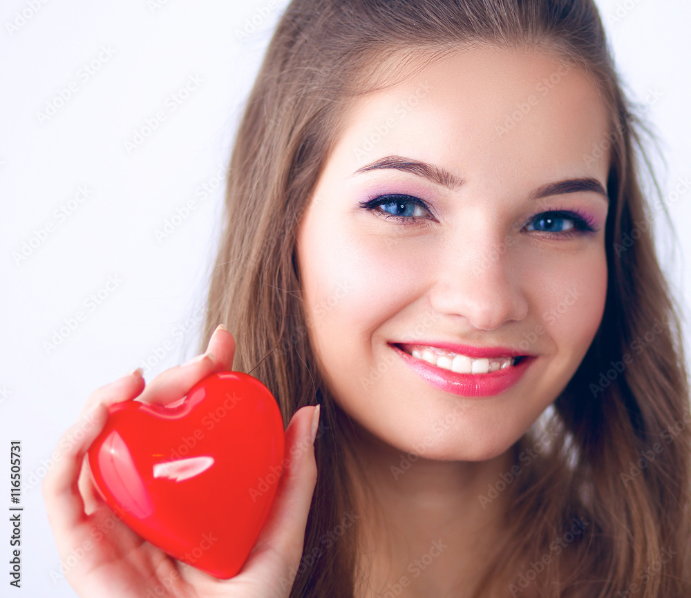 Beautiful woman hold red heart. Beautiful woman hold red heart.