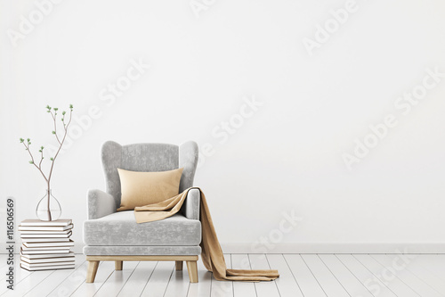 Neutral interior with velvet armchair on empty white wall background. 3D rendering.