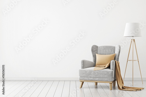 Neutral interior with velvet armchair on empty white wall background. 3D rendering. photo