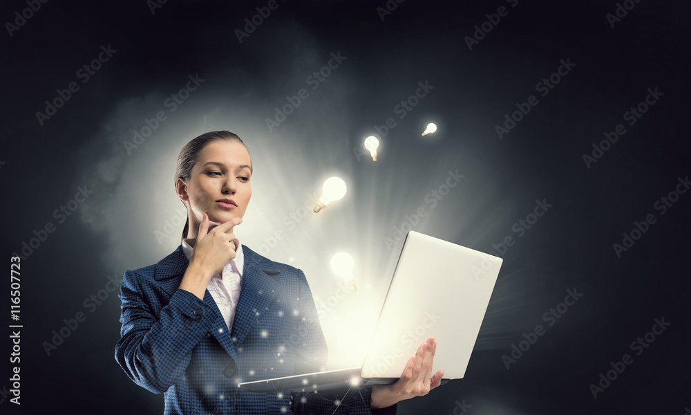 Woman with laptop in hands . Mixed media Woman with laptop in hands . Mixed media