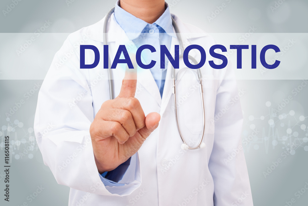 Doctor hand touching DIACNOSTIC sign on virtual screen. medical concept Doctor hand touching DIACNOSTIC sign on virtual screen. medical concept