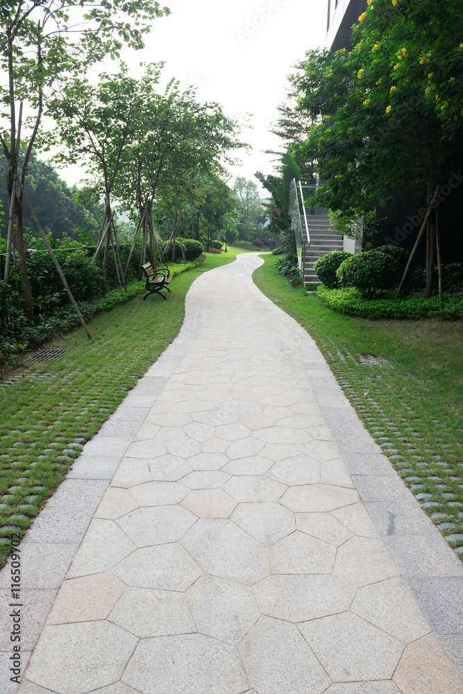 curved pathway in outdoor of a residential building