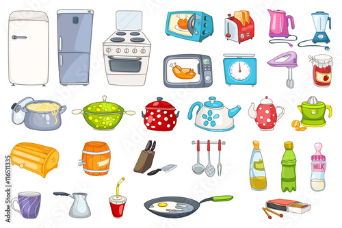 Set of household appliances and kitchenware.