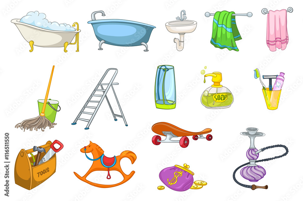 Set of bath toiletries and equipment illustrations Set of bath toiletries and equipment illustrations