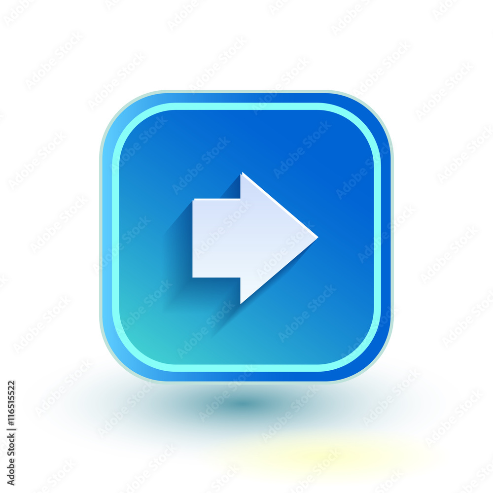 Blue web button with arrow right sign. Rounded square shape icon with shadow on white background. Blue web button with arrow right sign. Rounded square shape icon with shadow on white background.