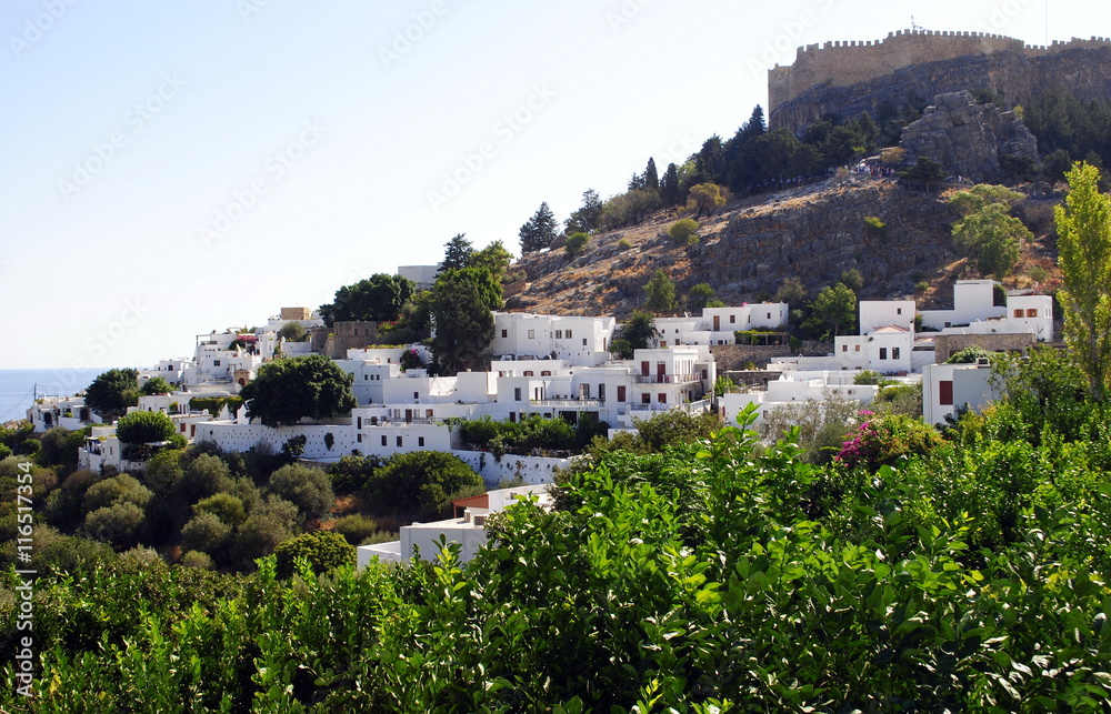 white town on the slopes of Mount/ landscape of the island of Lindos