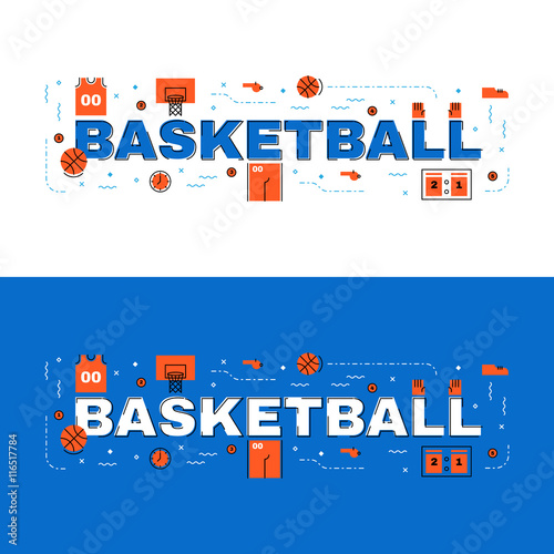 Basketball banner, basketbal lettering flat line design with ico