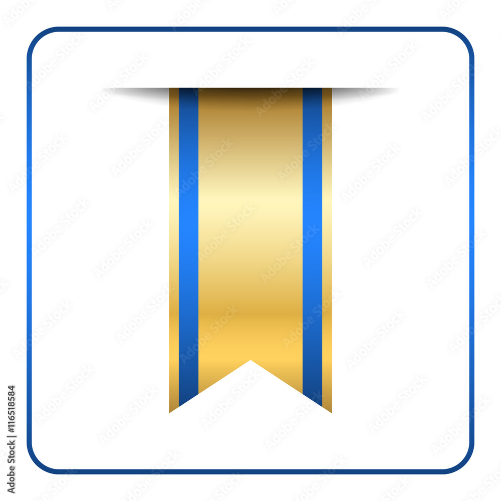 Blue and gold bookmark banner. Vertical book mark, isolated on white background. Color tag, label. Flag symbol, sign. Design element blank. Empty sticker for sale. Template icon. Vector illustration Blue and gold bookmark banner. Vertical book mark, isolated on white background. Color tag, label. Flag symbol, sign. Design element blank. Empty sticker for sale. Template icon. Vector illustration