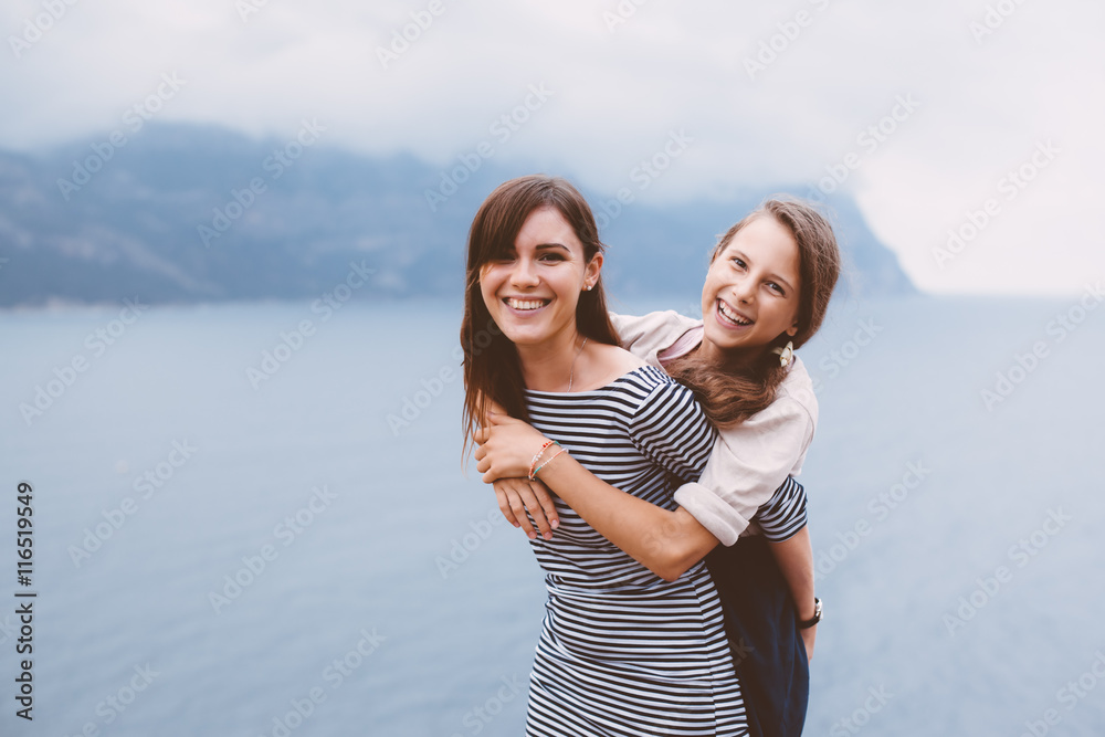 Mom with children walking outdoor