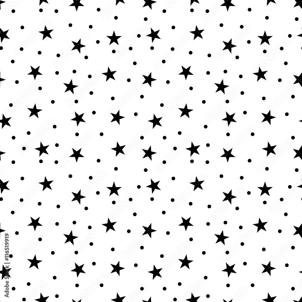 Star and polka dots seamless pattern. Black and white retro print background. Chaotic elements Abstract texture. Effect of sky. Design template wallpaper, wrapping, fabric, textile Vector Illustration