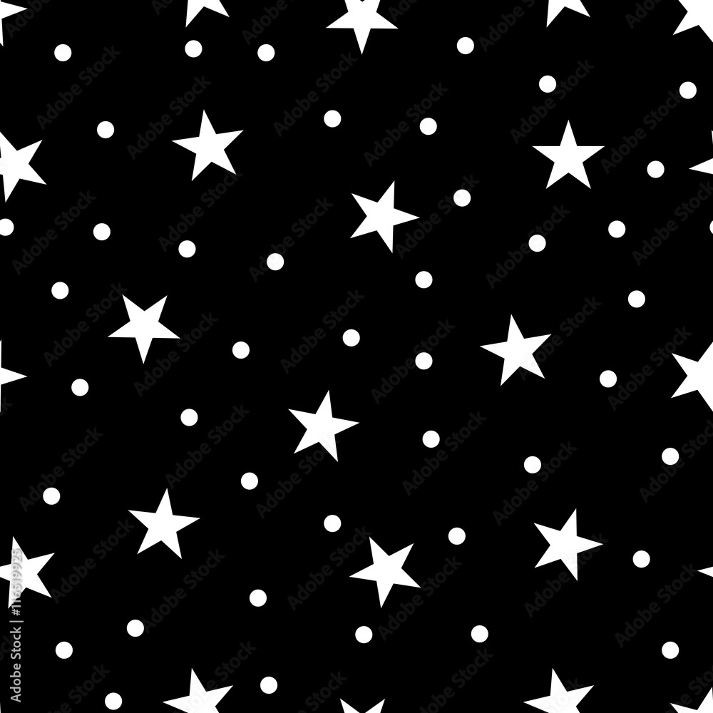 Star and polka dots seamless pattern. Black and white retro print background. Chaotic elements Abstract texture. Effect of sky. Design template wallpaper, wrapping, fabric, textile Vector Illustration Star and polka dots seamless pattern. Black and white retro print background. Chaotic elements Abstract texture. Effect of sky. Design template wallpaper, wrapping, fabric, textile Vector Illustration