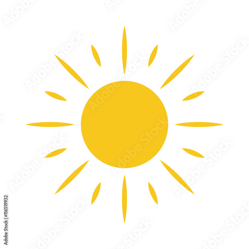 Sun icon. Light sign with sunbeams. Yellow design element, isolated on white background. Symbol of sunrise, heat, sunny and sunset, sunlight. Flat modern style for weather forecast Vector Illustration