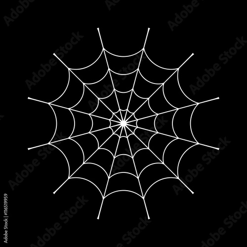 Spider web clip. White cobweb element, isolated on black background. Spiderweb silhouette graphic. Symbol of halloween, network, trap and danger, scary, arachnid. Design tattoo. Vector illustration