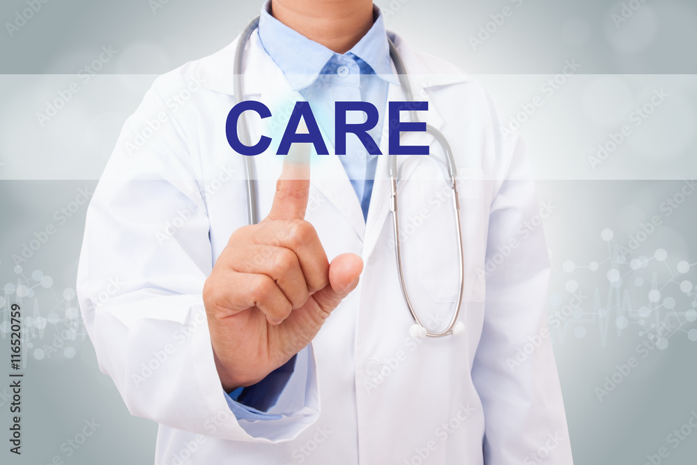 Doctor hand touching CARE sign on virtual screen. medical concept Doctor hand touching CARE sign on virtual screen. medical concept