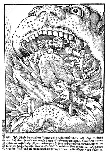 Canvas Print Woodcut flyer from the Reformation Era with marine monster and sinners