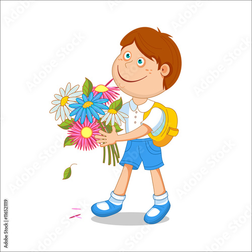 Boy schoolboy with a bouquet in hand. Isolated on white background, vector illustration