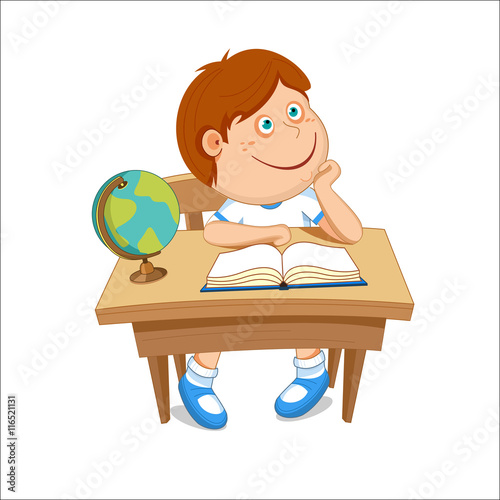 Boy sits at the table, on the table a book and globe, vector illustration