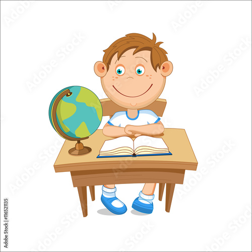 Boy sitting at table looking at a globe, vector illustration.