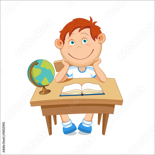 Boy sitting at the table, on the table is a globe, vector illustration
